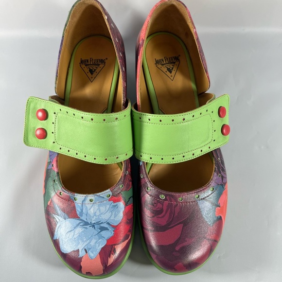 John Fluevog Floral Cleo Shoes with Lime Green Accents - Picture 2 of 12